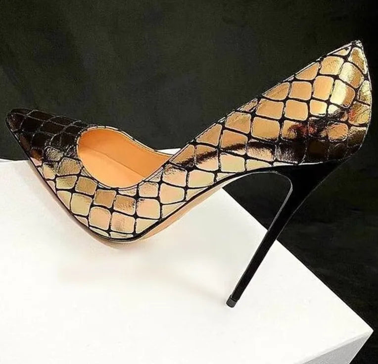 Luxury Gold Snake Printed Leather Stiletto High Heels Pumps Metallic Pointed Toe Slip On Shallow Women Banquet Footwear