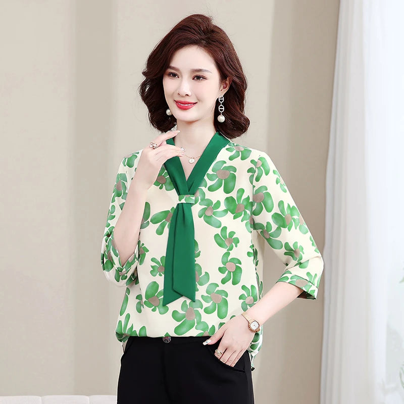 Fashion Printed Spring and Autumn shawl collar Women's Fashion Floral Checked Mid Sleeved Loose Chiffon Tops