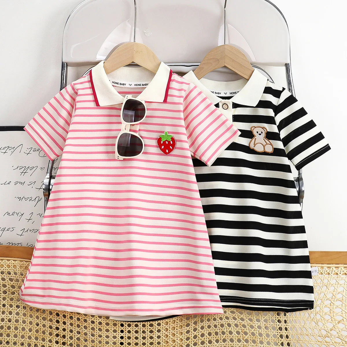 2025 New Children's Dress Girls' Summer Korean Edition Fashion Casual Striped Collar Short sleeved Dress1-10Y