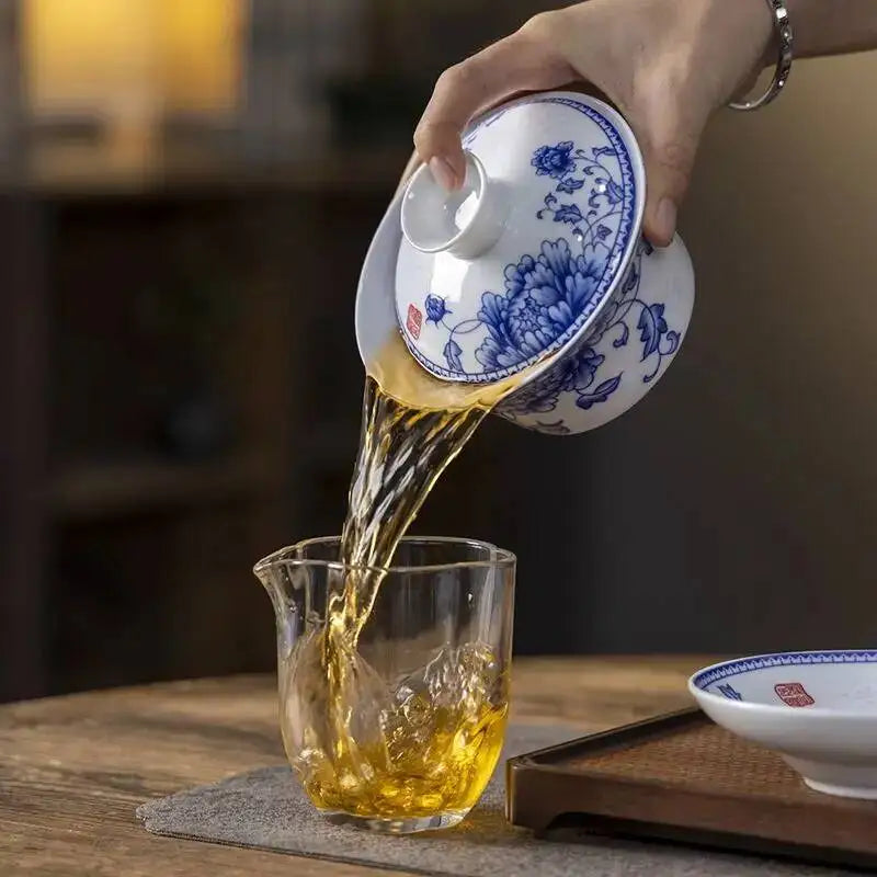 Blue and White Porcelain Gaiwan Tea Cup Large White Porcelain Ningxia Eight Treasures Tea Bowl Set Three Talents Tea Bowl Tea