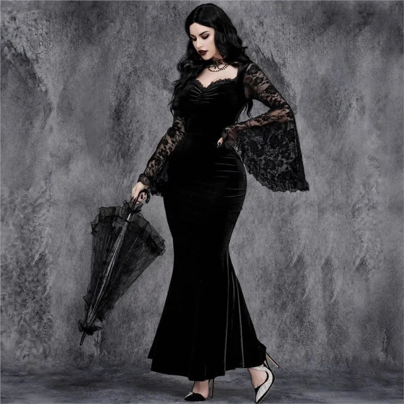Halloween Gothic Vintage Dress Women Elagnt Lace Patchwork See Through Flare Sleeve High Waist Clubwear Slim Long Dresses Femme