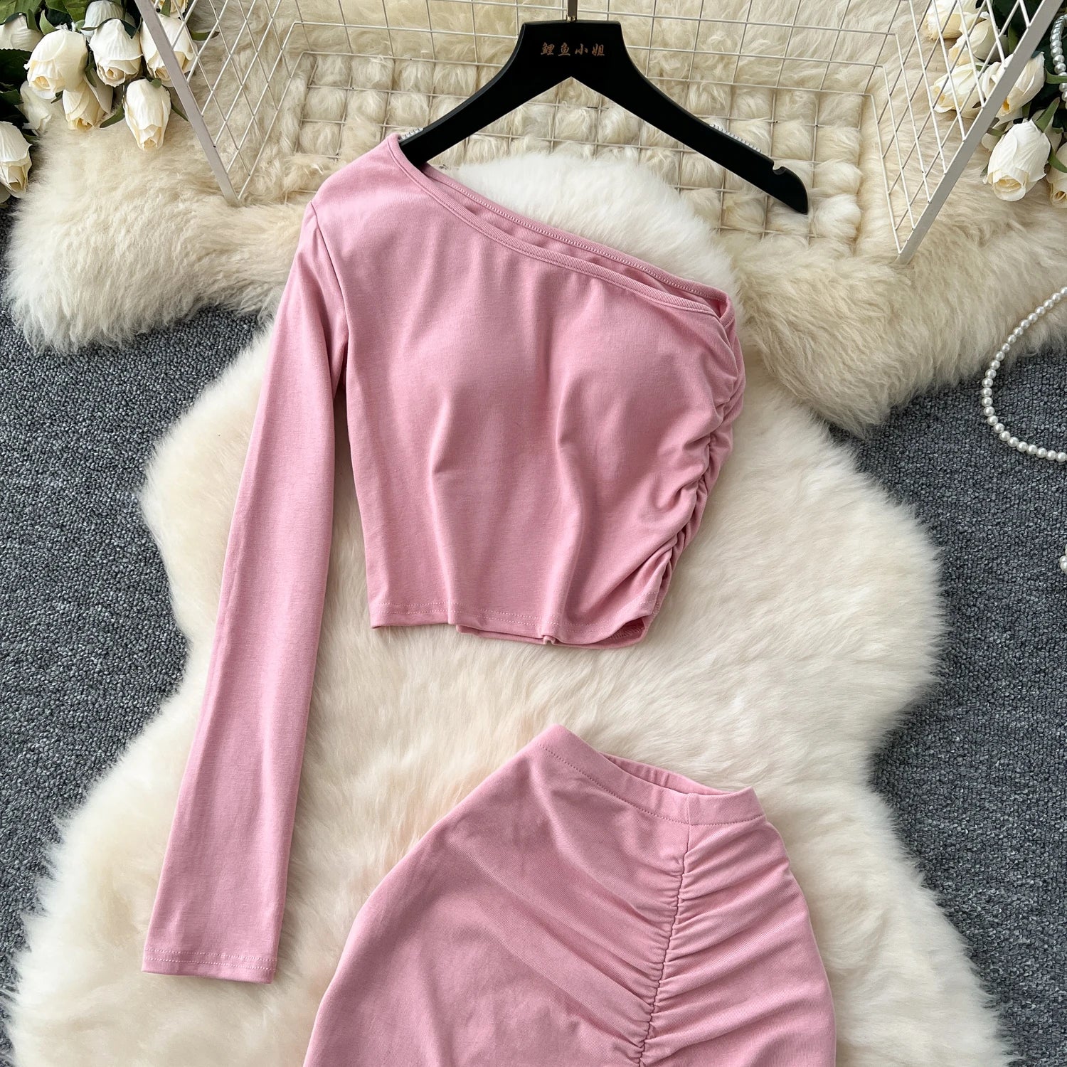 Chic Two-piece Sets One Shoulder Long Sleeve Diagonal Collar Blouse Basics High Waist Split Skirt High Street Vintage Clothing