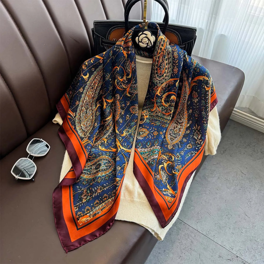 Neues 90cm quadratisches Tuch Retro Cashew Blumenmuster Seidenschals Damen Foulard Kopftuch Sommer Schal Hijab Bandana Halstuch