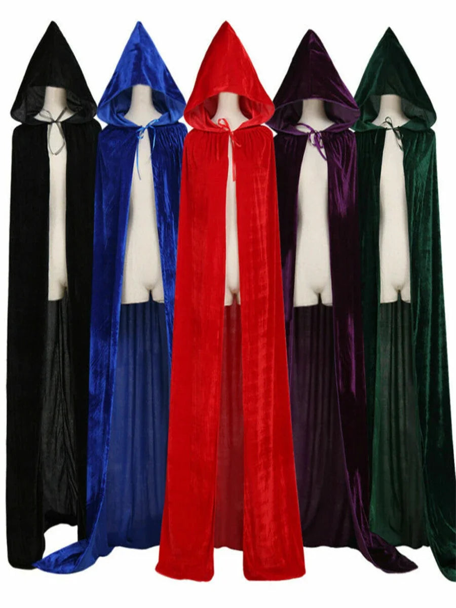 Women Men Halloween Gothic Hooded Cloak Witch Vampires Grim Reaper Capes Velvet Robe Rave Masquerade Party Cosplay Costumes