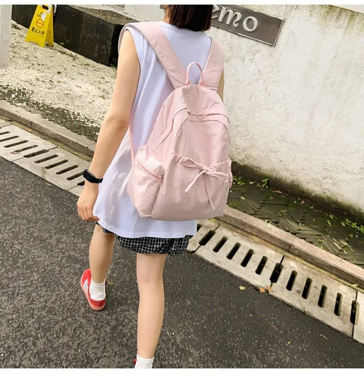 Japanese Style Student Backpack Solid Color Bow Travel School Bag Lightweight and Fashionable Women's Backpack New Simple Casual