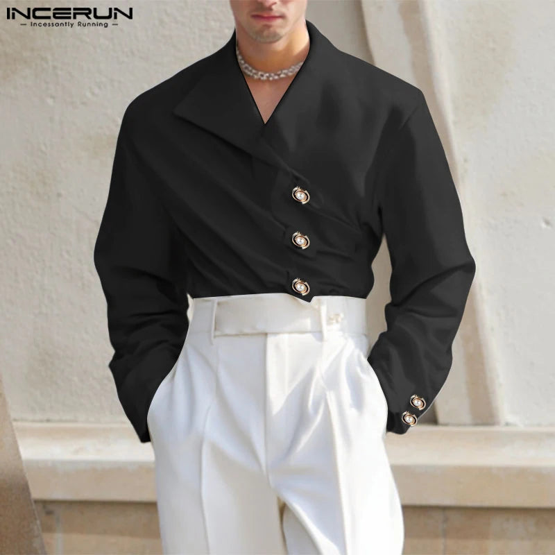 INCERUN Men Irregular Shirt V Neck Long Sleeve Solid Color Men Clothing Loose Pleated Streetwear 2025 Casual Irregular Shirts