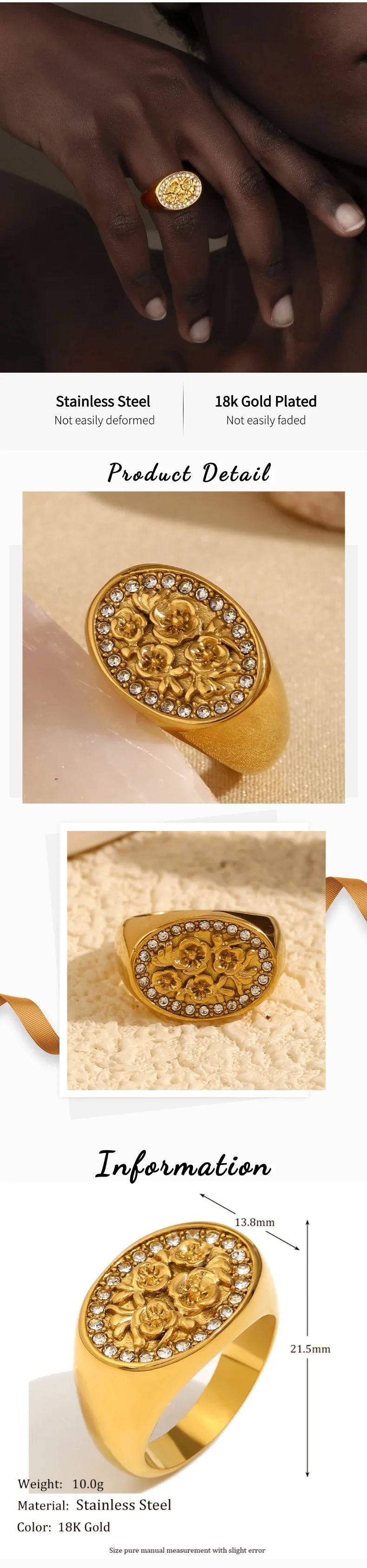 Glossisland Stainless Steel Flower Zircon Ring Plated 18k Gold Color Non Tarnish Waterproof Trendy Jewelry Ring for Women Gifts