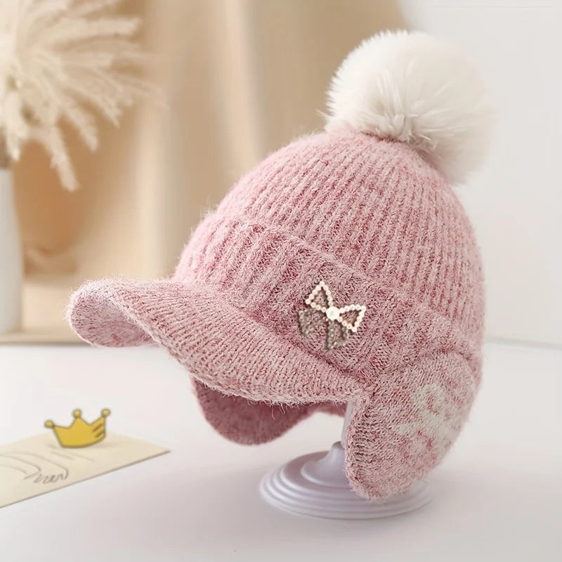 1Piece of Winter Hat, Thickened And Warm, Featuring a Duckbill Design, a Bow And a Pom-Pom. Stylish for Autumn for Kids Aged 4-8
