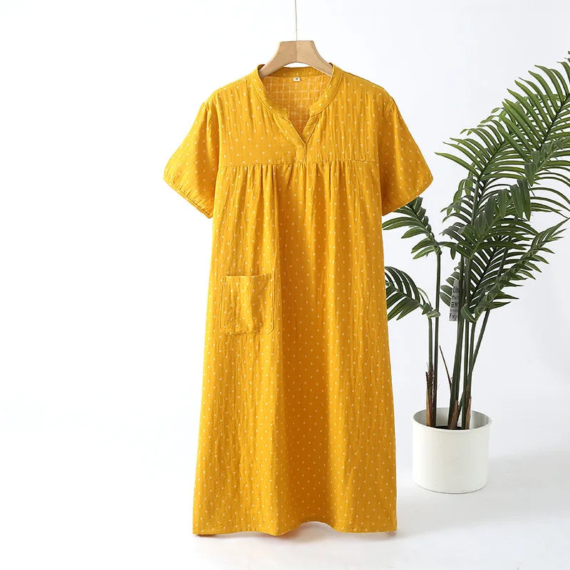 Summer Simple Cotton Double Gauze Women's Nightdress Thin Short-sleeved Home Nightgowns V-Neck Sexy Sleepwear Long Pajama Skirt