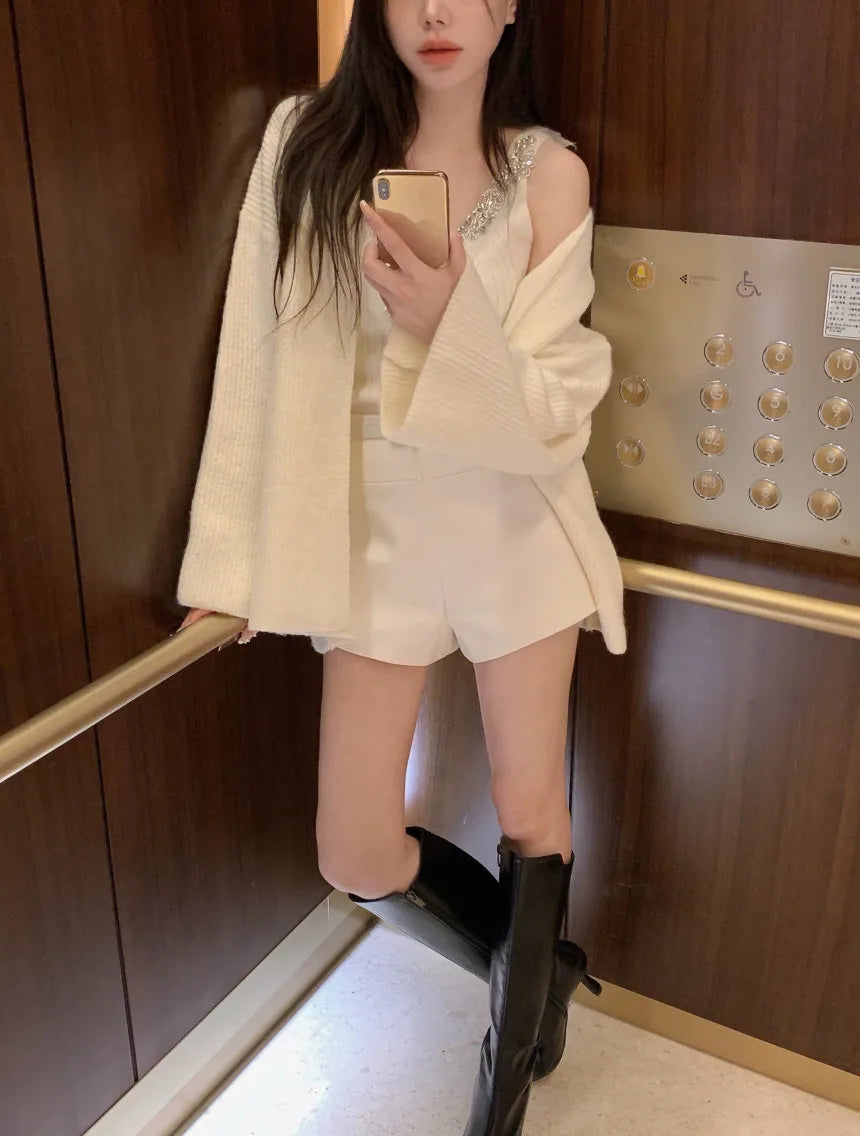 Korean Sle Sexy Sequin Strap Vest Women's Inner Knitted Cardigan Coat Autumn Two-Piece Set Faionable Top And Bot Ensemble