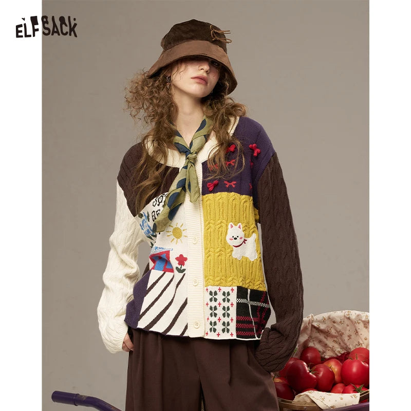 ELFSACK 2025 Autumn New Arrivals Casual Cute Color Block Puppy Cartoon Embroidery Cardigan Sweater For Woman