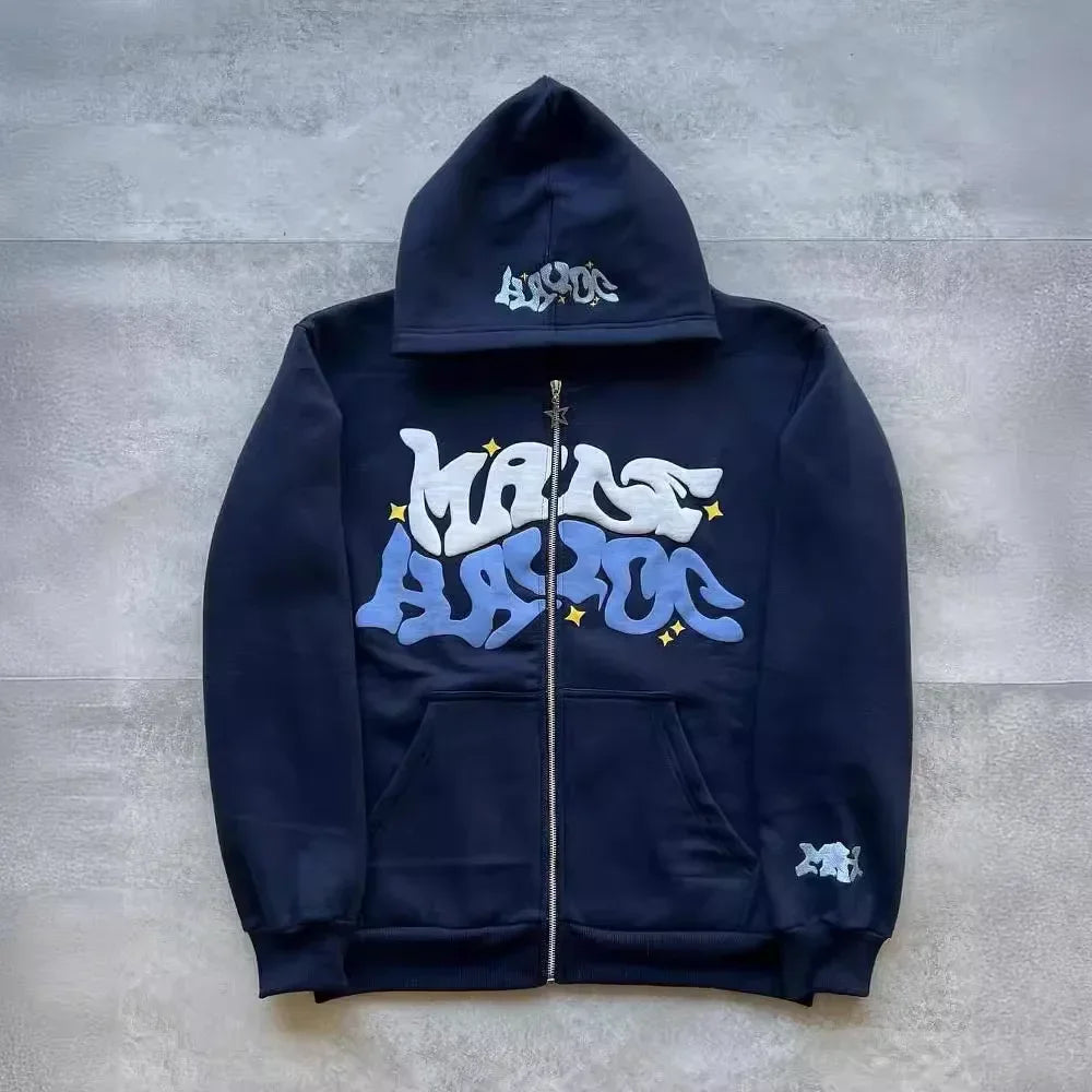 Zipper hooded sweatshirt with retro American letters suitable for men and women wearing Y2K jacket autumn/winter cardigan