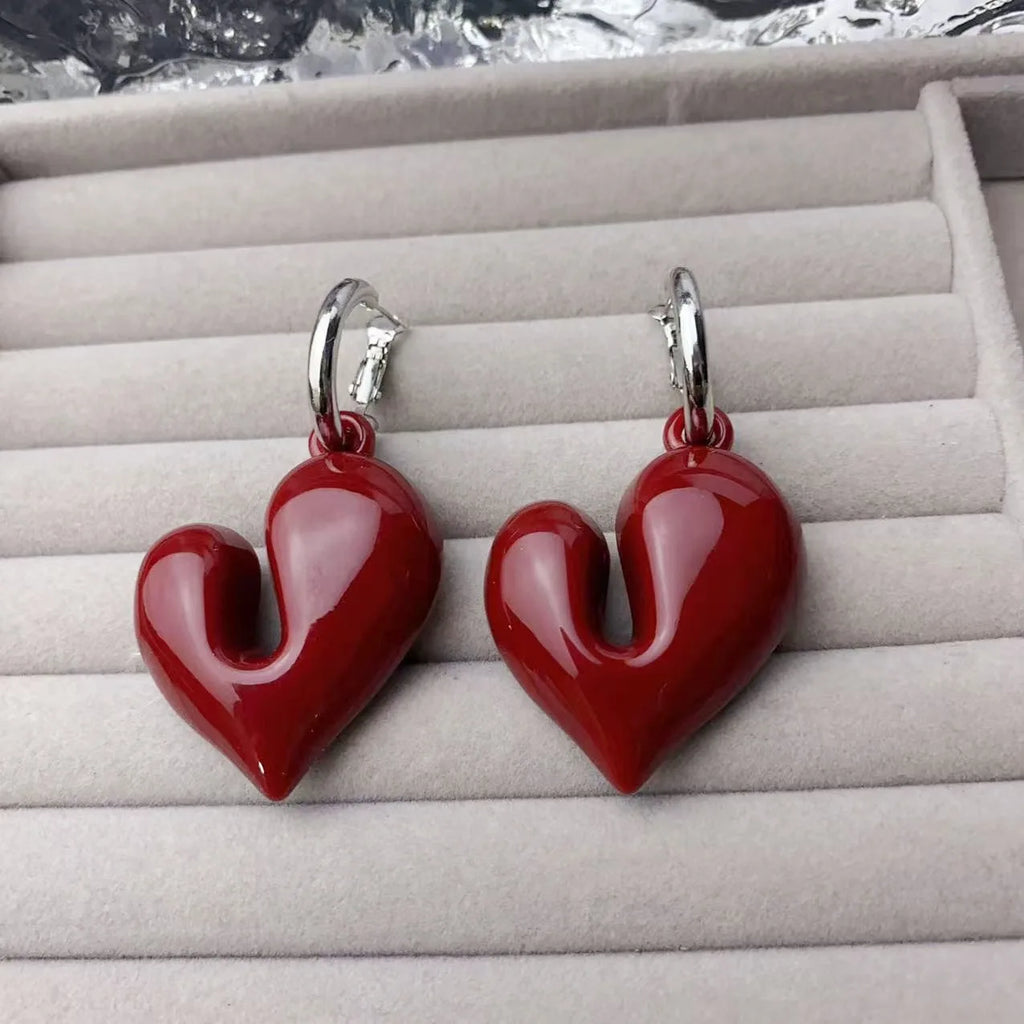 Vintage Wine Red Acrylic Heart Shaped Pendant Earrings For Women Fashion Handmade Round Hoop Earrings Party Jewelry