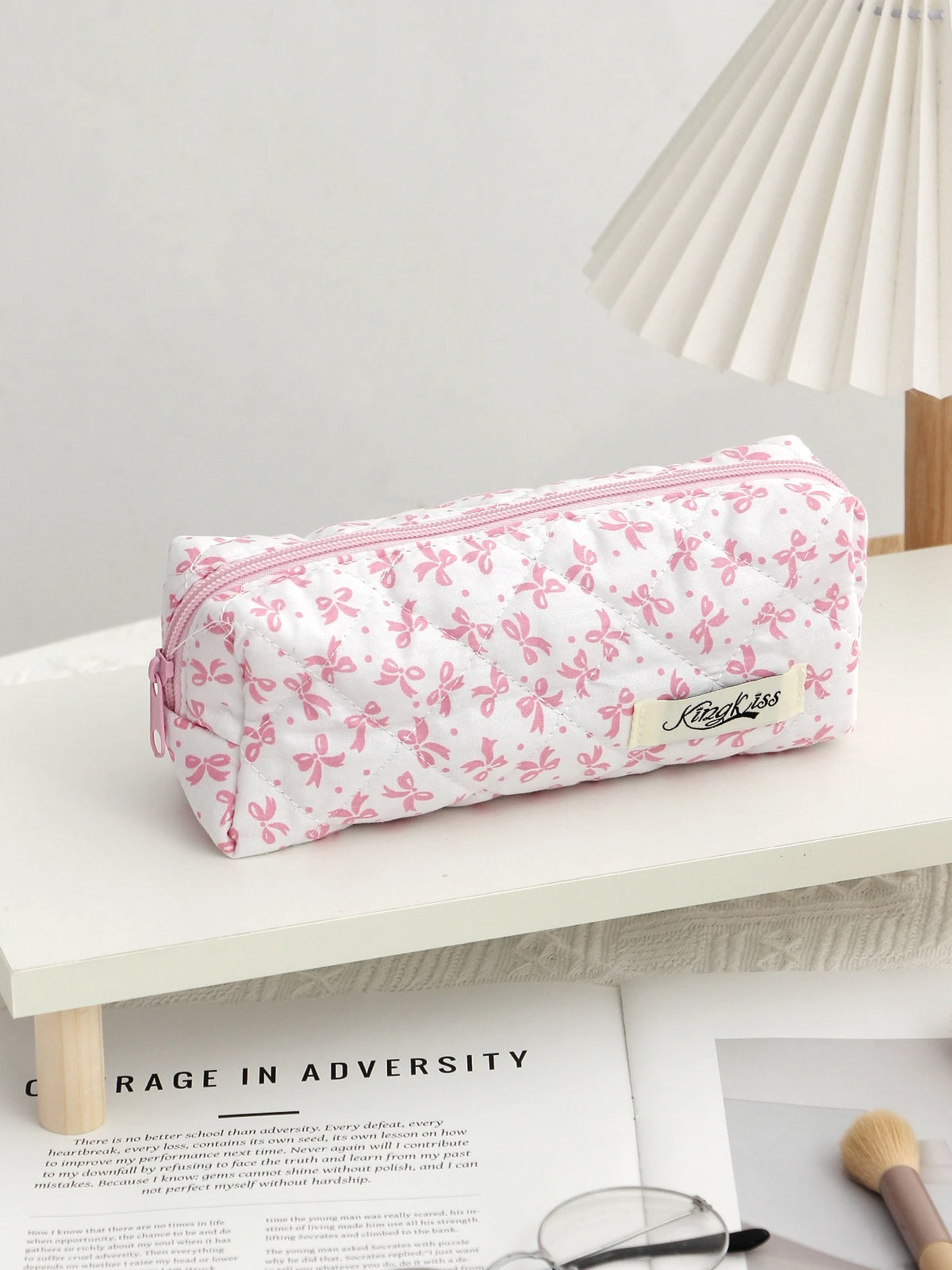 Pink Color Bowknit Print Cosmetic Bag Large Capacity Makeup Bag Pouch Skincare Toiletry Bag Travel Dorm Jewelry Lip Organizer