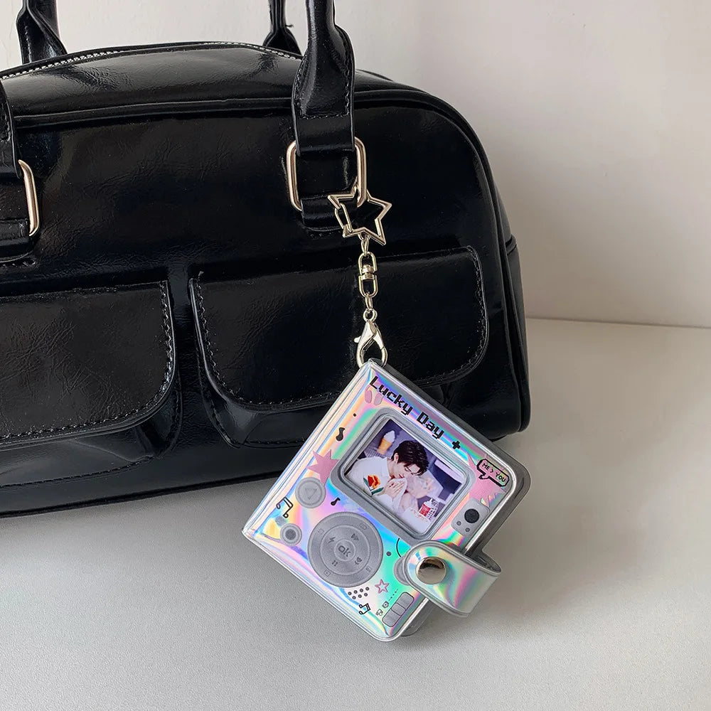 32 Pockets 16 Pages Laser Color Photo Album for 1.4x2.1 Inch Mini Photo Name Card K-pop Star Photocard Album with Keychain
