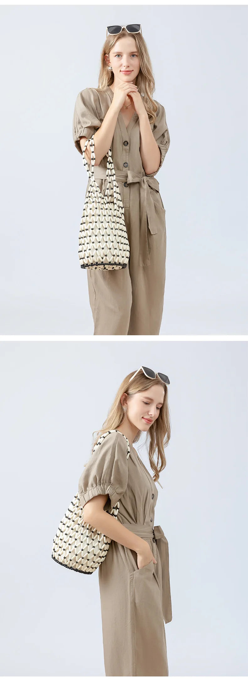 Summer Boho Style Hollow Out Woven Bag for Women Fashion Wooden Beads Shoulder Bag Seaside Holiday Mesh Bucket Tote Bags Bolsa