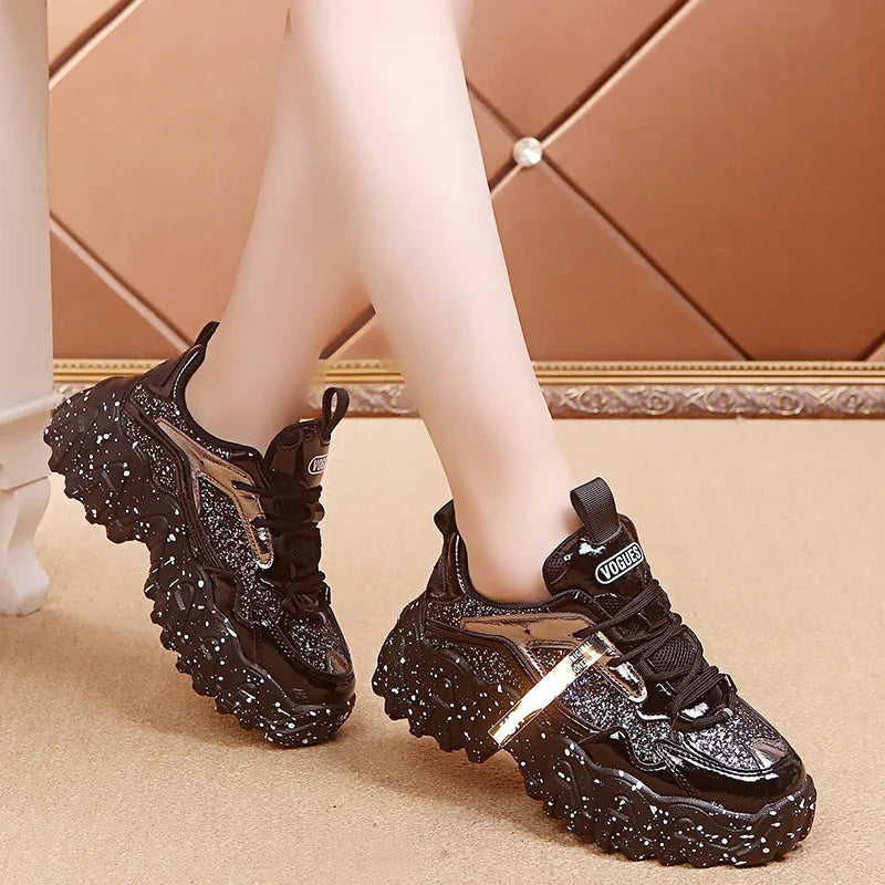 Comemore Women New Bling Platform Sneakers for Girls Casual Chunky Sneaker 6cm Thick Bottom Sports Shoes Platform Red Silver 40