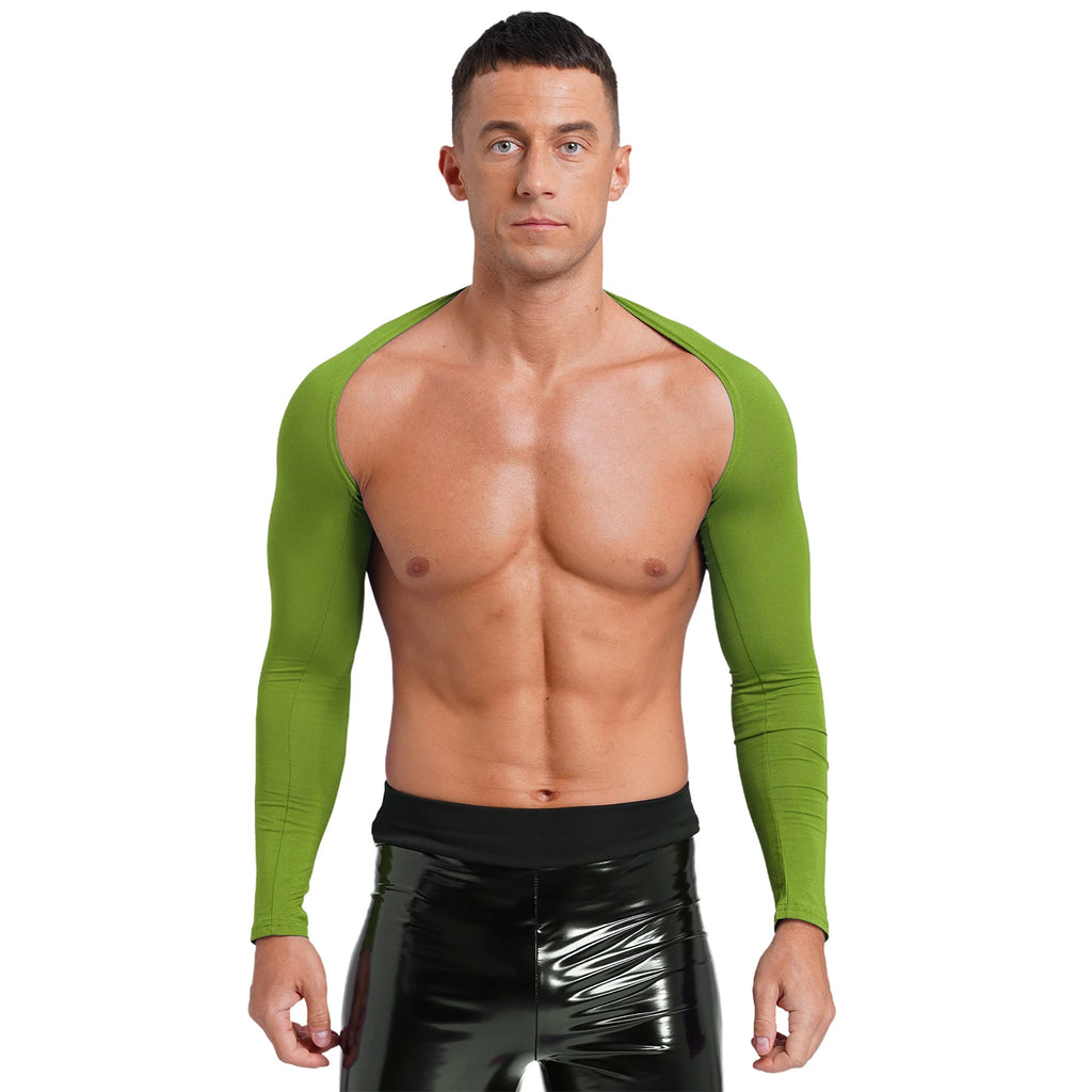 Men Open Front Half Crop Top Solid Long Sleeve Cardigan Bolero Shrug Tops Muscle Arm Sleeves Workout Sports Gym Tops Clubwear