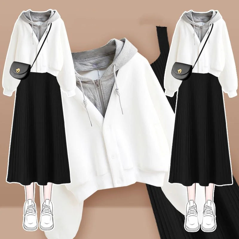 Women's Clothes Spring Autumn Single/Outfits 2025 Korean Fashion Casual Hooded Coat Knit Dress Suits Casual Jacket Two Piece Set