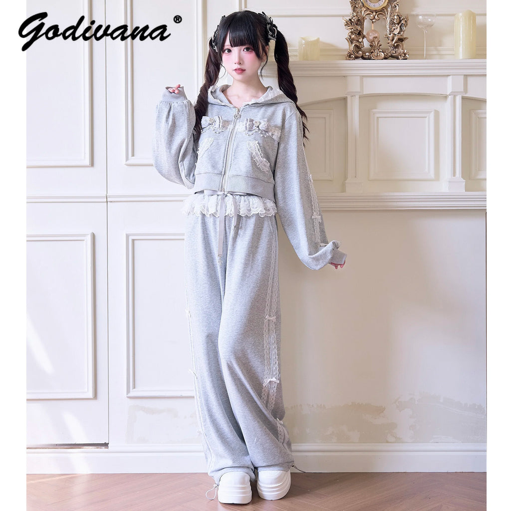 Japanese Mine Sportswear Hoodie Set Female Subculture Y2K Women's Zipper Hooded Short Jacket Coat Mini Skirt Wide Leg Pants Set