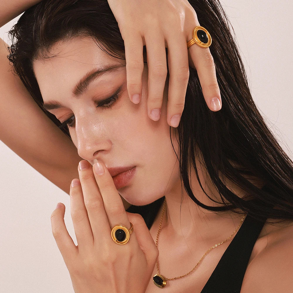 Gothic Style Black Natural Agates Ring for Women High Quality Stainless Steel Gold Plated Large Ring Female Fashion Jewelry