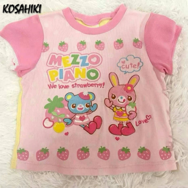 Japanese Kawaii Cartoon Print Tshirts Harajuku Contrast Patchwork Lace Fairy T-shirt Women Y2k Aesthetic Grunge Cropped Tees