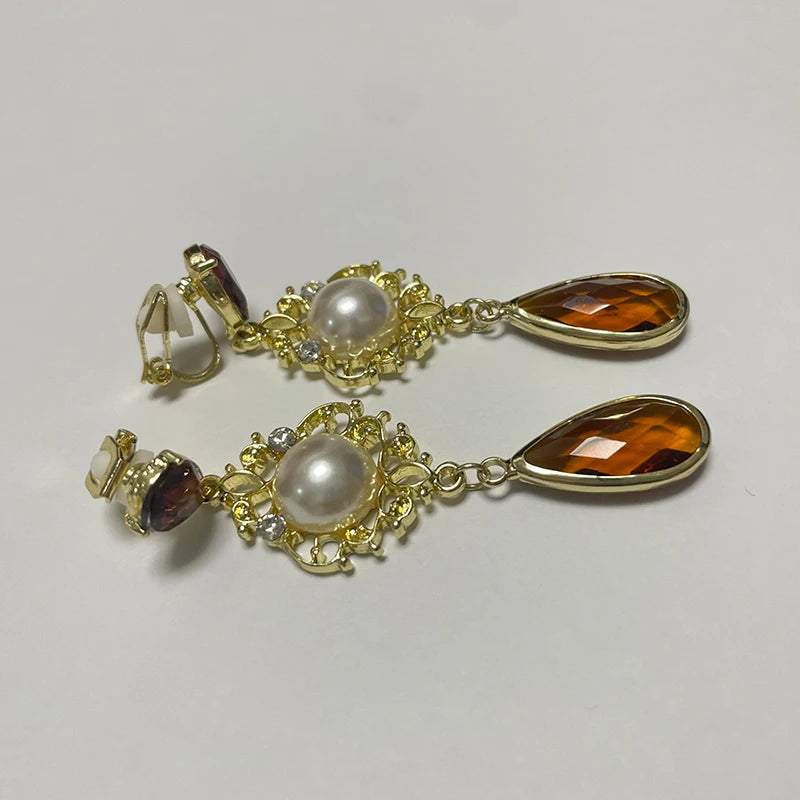 Vintage Elegant Baroque Pearl Ear Clips Earring Jewelry Temperament Long Water Drop Crystal Clip on Earrings Without Piercing