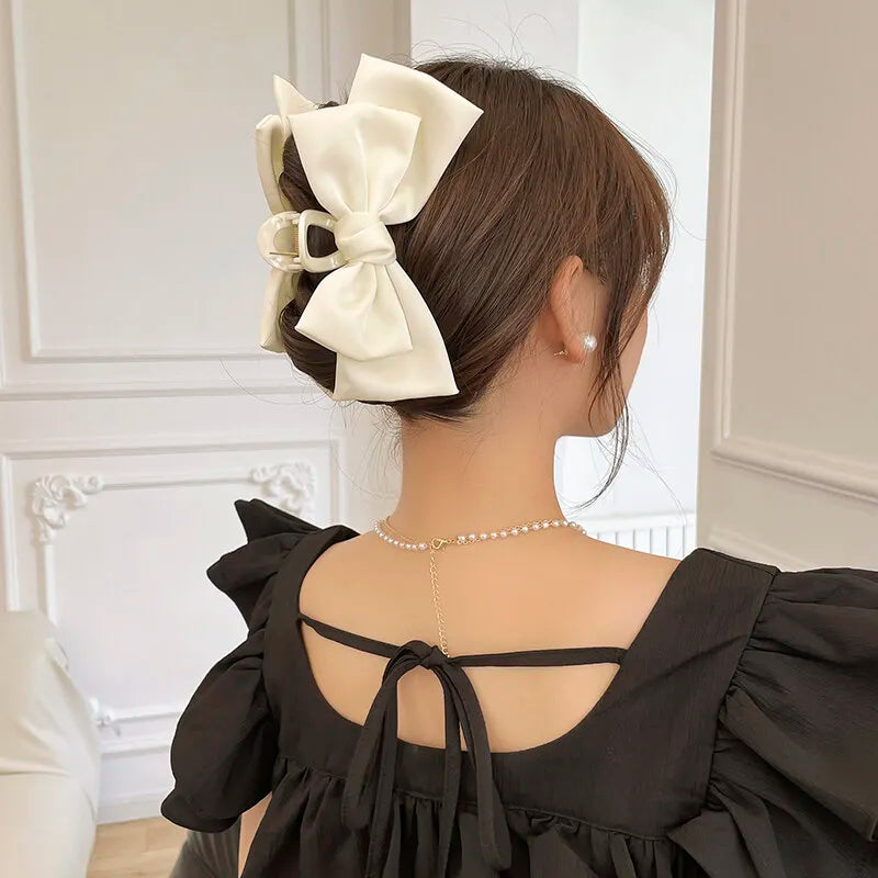 Cream Large Bow Hair Clip Claw for Women Korean Style elegant shark clip Fashion Girls Hair Clamp