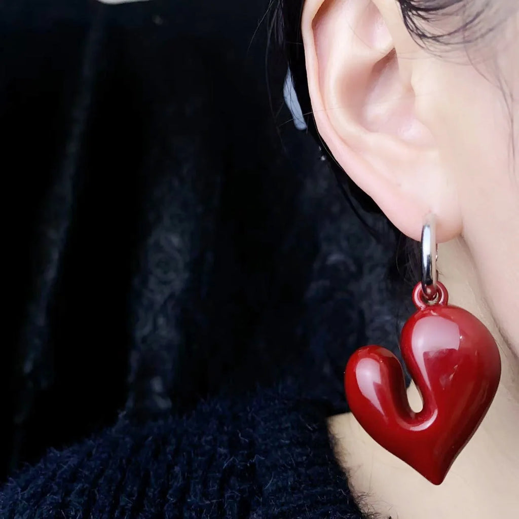 Vintage Wine Red Acrylic Heart Shaped Pendant Earrings For Women Fashion Handmade Round Hoop Earrings Party Jewelry