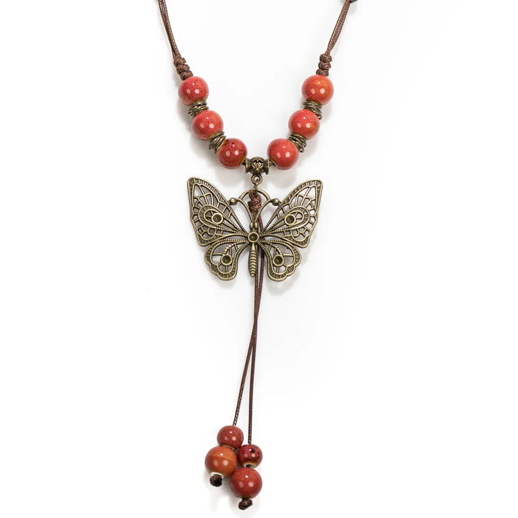 Bohemian Vintage Butterfly Necklace, Ceramic Beads, Adjustable Pendant, DIY Gift, Drop Shipping, XPF001