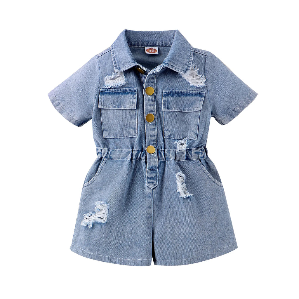 New Children Denim Jumpsuits Dresses Girls Medium and Large Kids Waist-cinching Denim Jumpsuit with Lapels and Ripped Waists