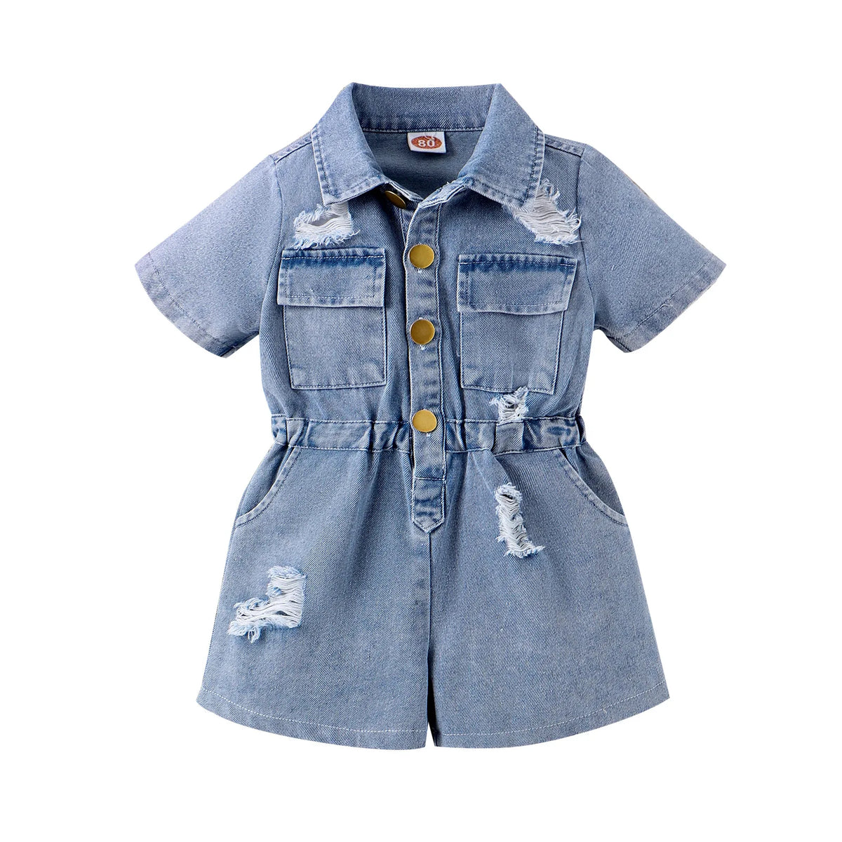 New Children Denim Jumpsuits Dresses Girls Medium and Large Kids Waist-cinching Denim Jumpsuit with Lapels and Ripped Waists