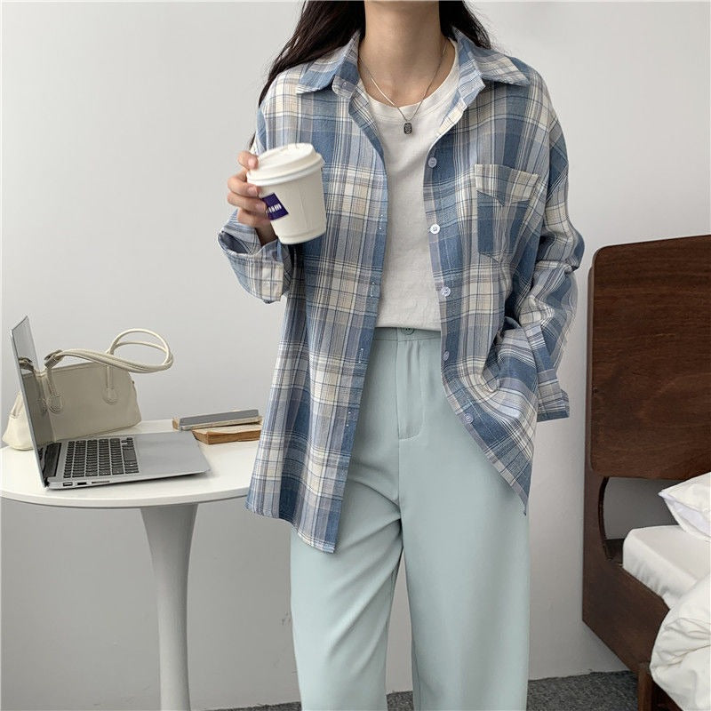 Casual Long Sleeves Autumn Blouse Korean Mid Length Loose Women Winter Plaid Shirt Female Fashion Turn Down Collar Tops