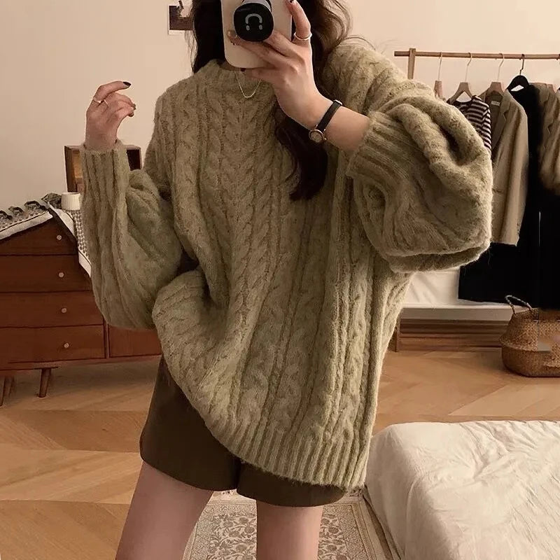 Autumn Winter Women Knit Sweater Korean Oversized Long Sleeve O Neck Pullover Fashion Solid Loose Preppy All Match Jumper Mujer