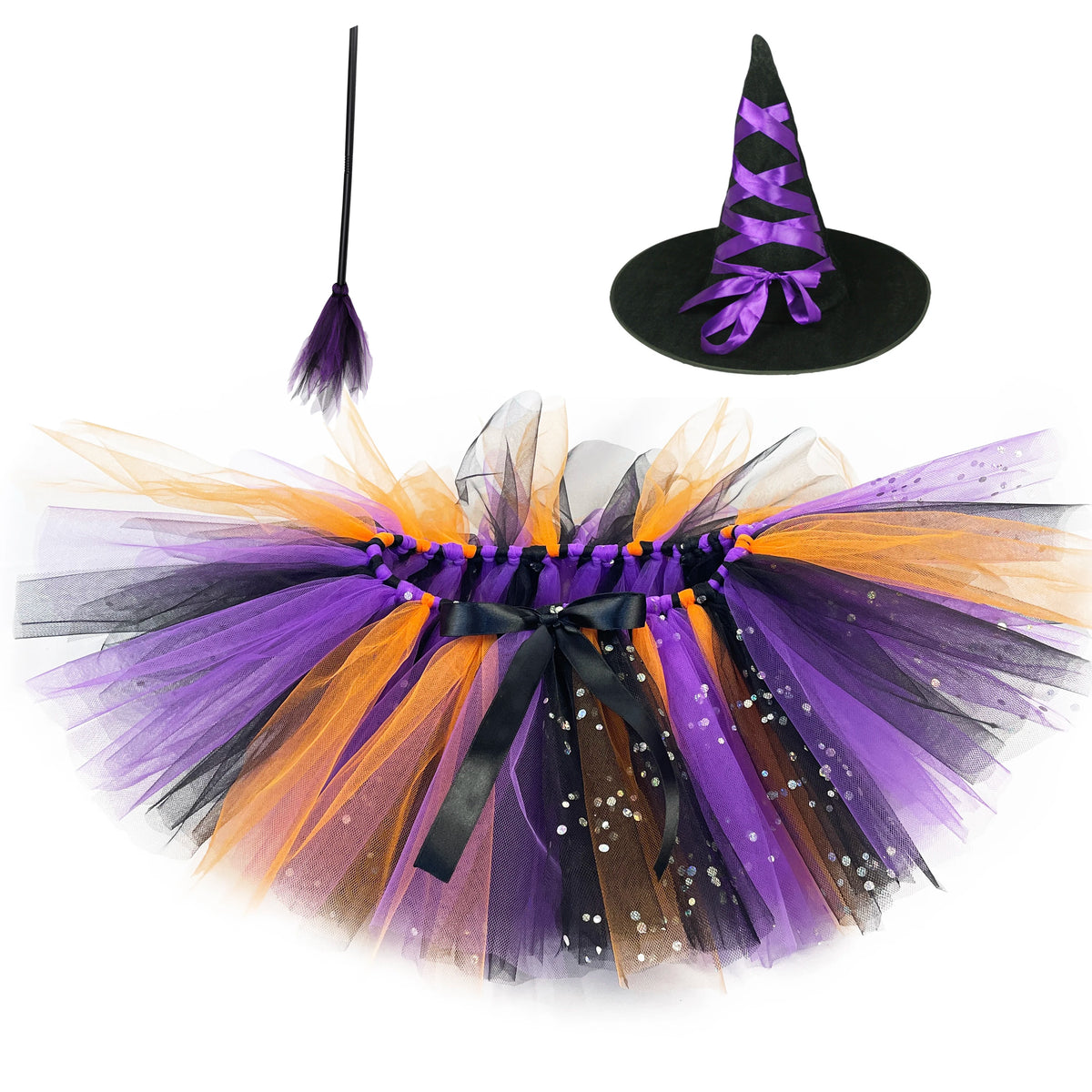 Girls Halloween Glitter Tutu Skirts Baby Ballet Tulle Pettiskirts with Witch Hat Broomsticks Kids Cosplay Party Costumes Cloth