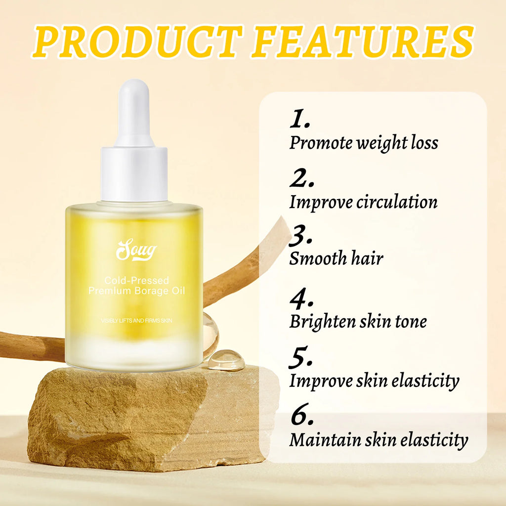 Pressed Borage Oil - 100% Pure Natural Face Oil for Skin Lifting & Firming, Vegan, GMO-Free, for Elasticity & Brightening. 30ml