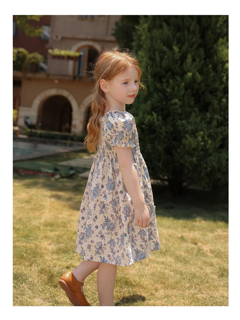 Toddler Girls Floral Princess Dress Little Girl Cotton Short Sleeve Blue Flowers Party Dress Summer Casual Dresses Kids Clothes