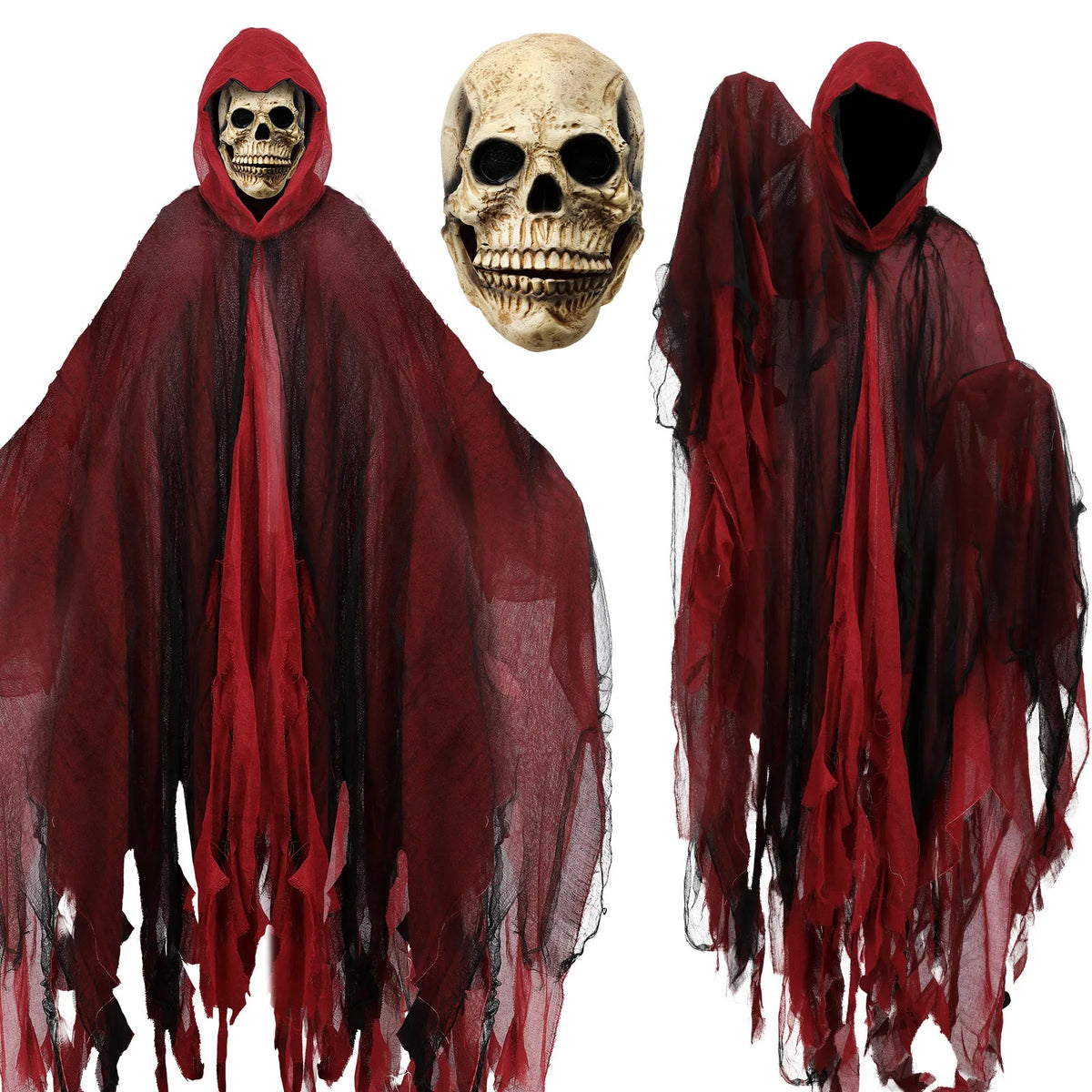 Halloween Tattered Grim Reaper Hooded Gauze Cape Adult Scary Dementor Robe Haunted House Masquerade Horror Cosplay Costume
