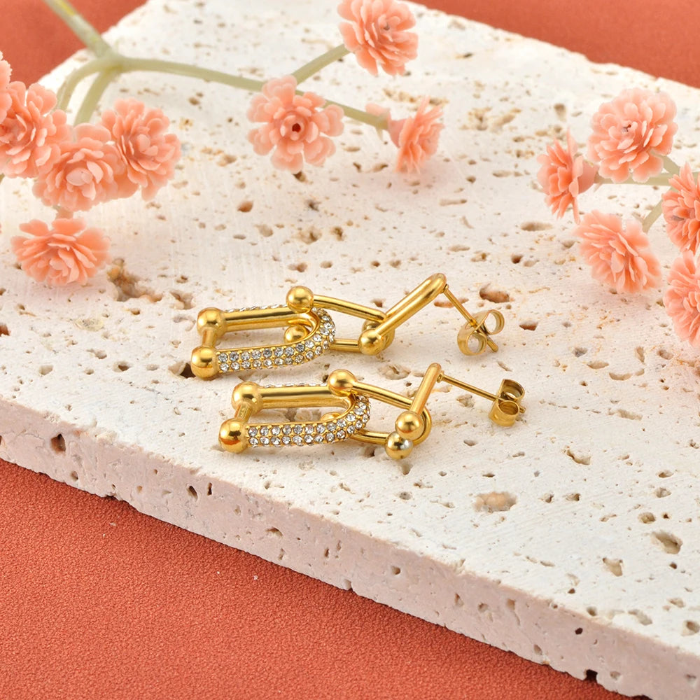 JeeMango 316L Stainless Steel Unique Zircon Horseshoe Earrings for Women Gold Plated U Shape Hoop for Wedding Jewelry Party Gift