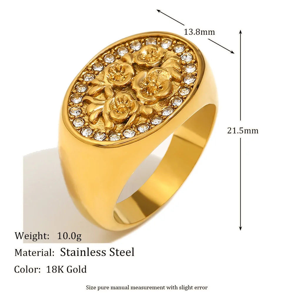 Glossisland Stainless Steel Flower Zircon Ring Plated 18k Gold Color Non Tarnish Waterproof Trendy Jewelry Ring for Women Gifts