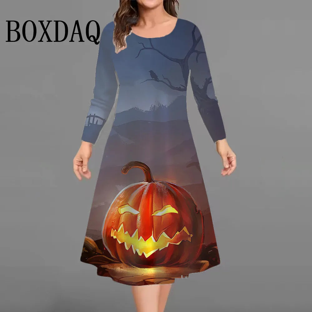 Halloween Party Dresses For Women Funny 3D Pumpkin Print Dress Autumn Winter Fashion Long Sleeve A-Line Dress Plus Size 2025 9XL