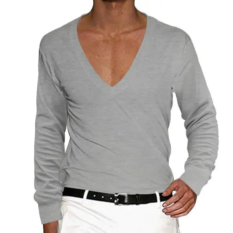 2025 Men's T-Shirt Summer Shirts Low Cut Deep V Neck Comfortable Shirt Tops Men's Long Sleeve Casual Pullover Sexy Slim Fit Tees