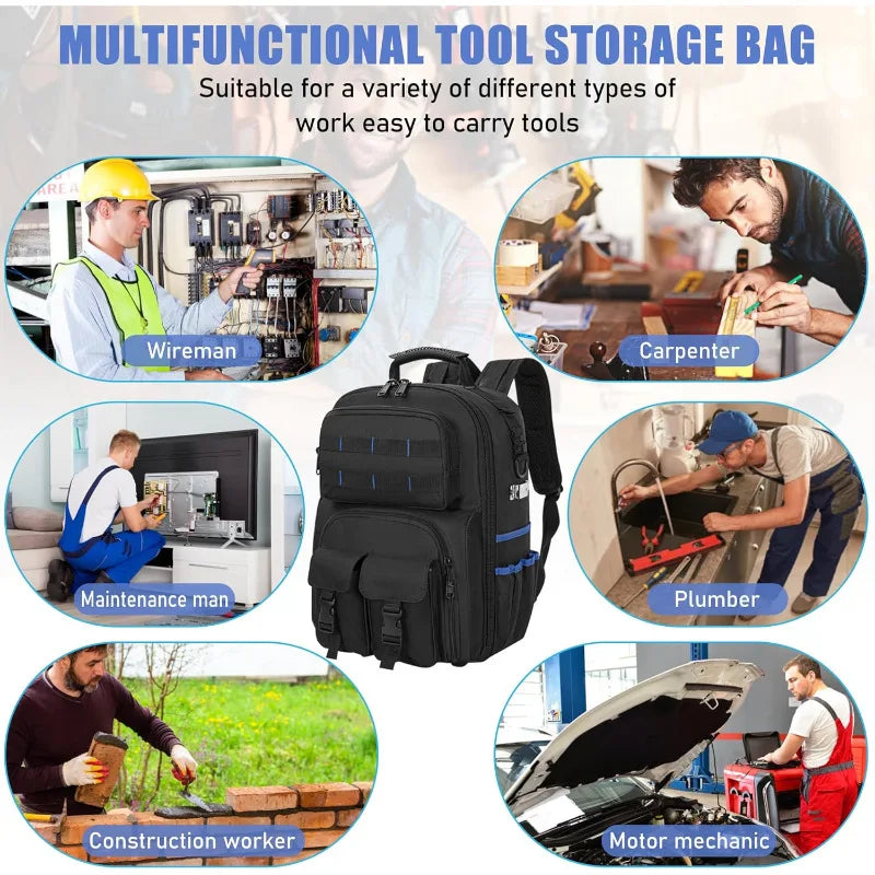 ‌Multifunctional Waterproof Tool Backpack with Padded Shoulder Straps Removable Organizer Pouch Electrician Plumber Work Bag