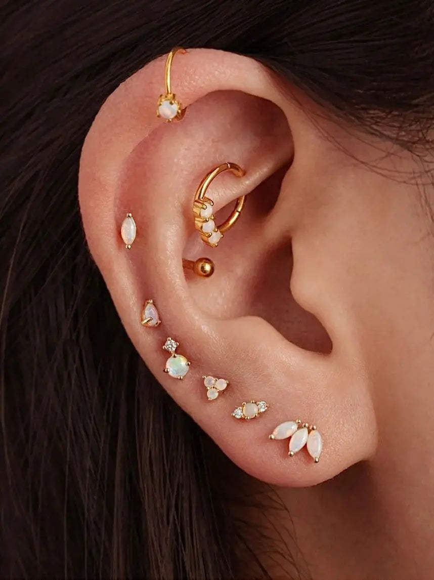 S925 silver opal stud earrings, opal light luxury temperament earrings, geometric piercing jewelry, flat stud earrings