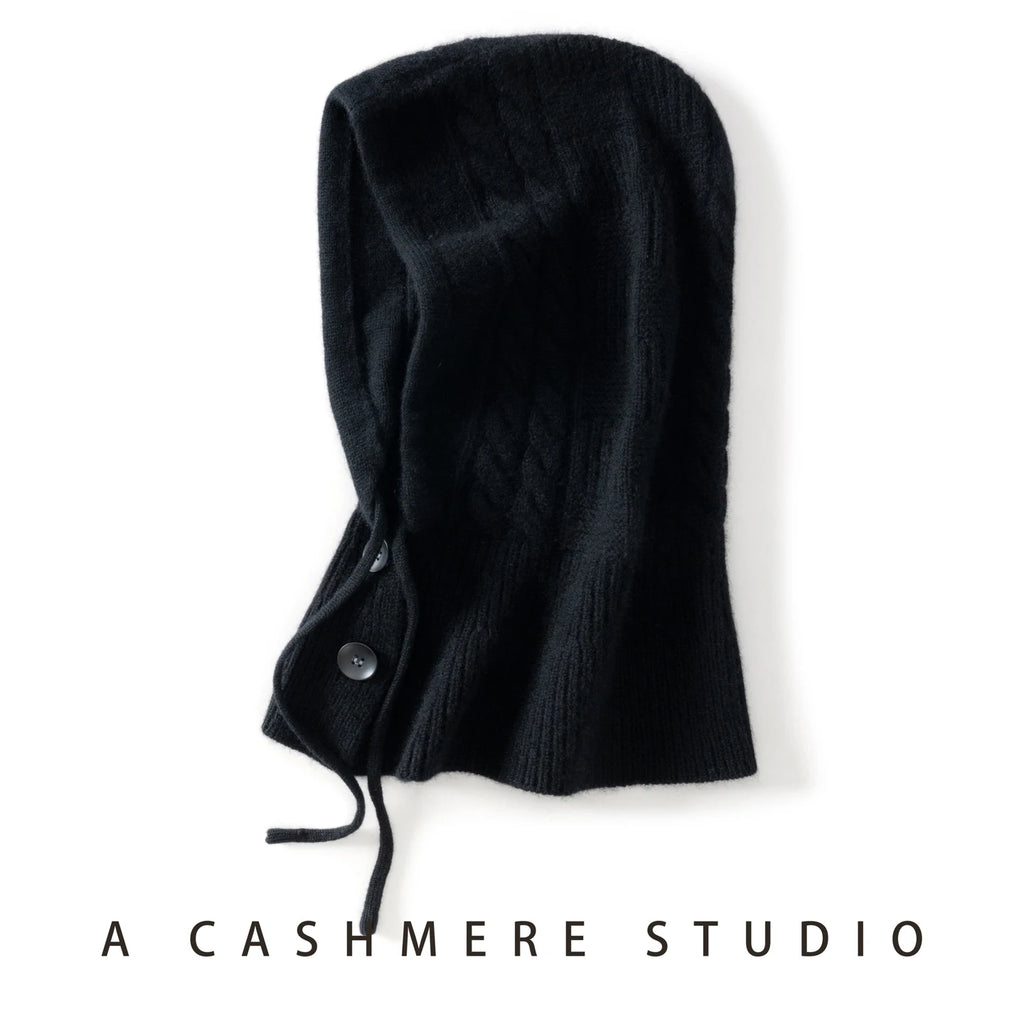 100%Quality Cashmere Balaclava Hoods For Women Warm Ring Scarf Beanie Hat Windproof Hooded Button-up Neck Collar Knitted Hat