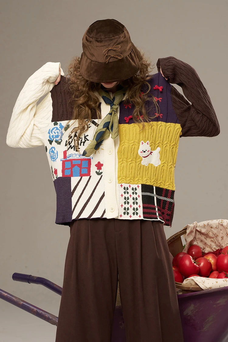 ELFSACK 2025 Autumn New Arrivals Casual Cute Color Block Puppy Cartoon Embroidery Cardigan Sweater For Woman