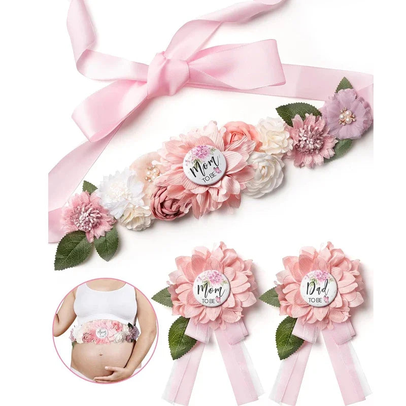 Flower Sash Set – Baby Shower Mom to Be, Daddy to Be, Ansteckblume – Blumenband für Umstandskleid, Foto-Requisiten حزام  Пояс Cinturón