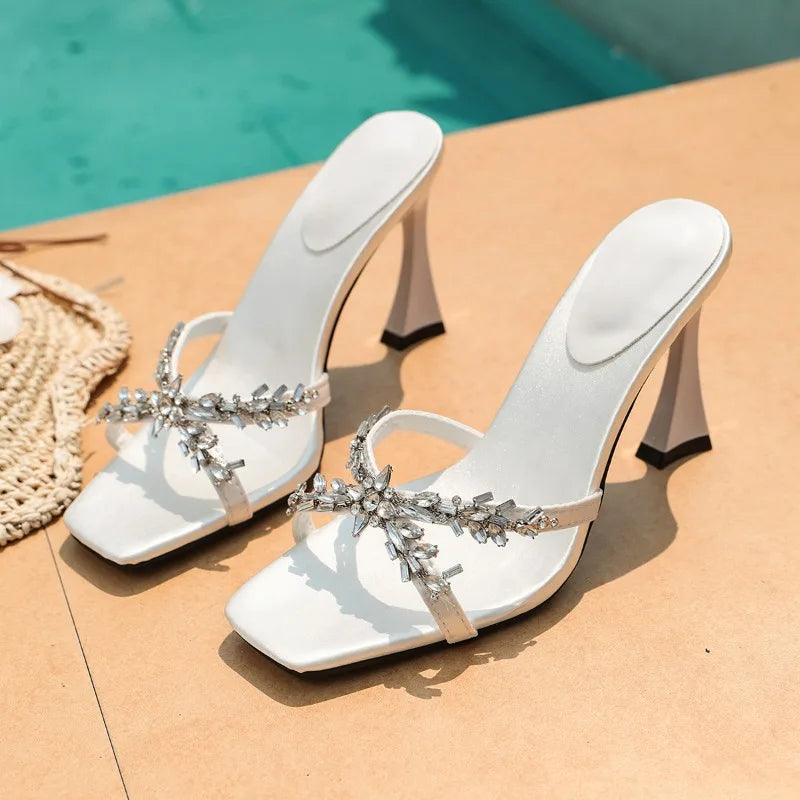 NEW High Quality Luxury Heels Women's Sandals Designer Shoes Rhinestone Square Toe Open Toe Slides Женская Обувь