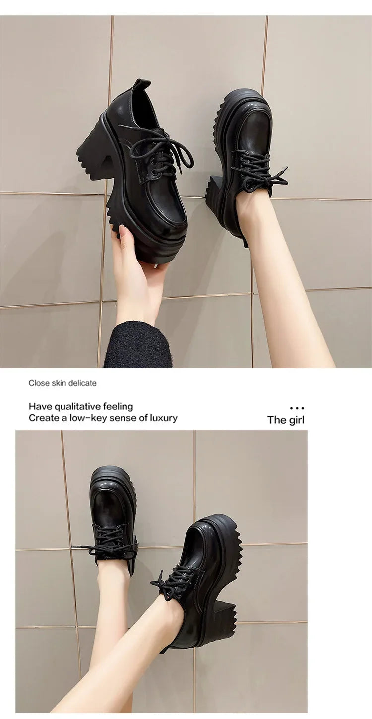 Gothic Chunky High Heels Loafers for Woman New Leather Platform Loafers Female Solid Color Thick Heeled Lolita Shoes 2024