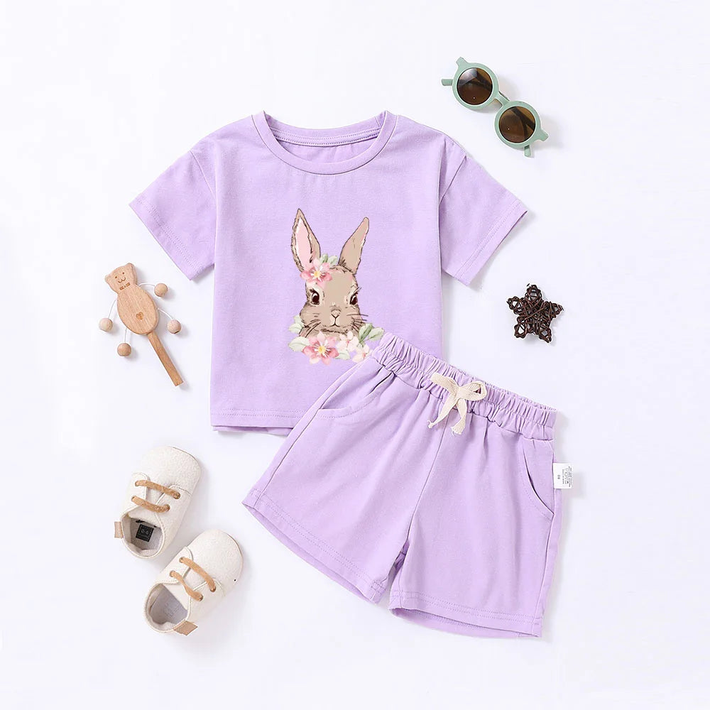 Hot Selling Children's Printed Summer Set Cute Rabbit Baby Boy And Girl Summer Clothing Children's Pure Cotton T-shirt Set